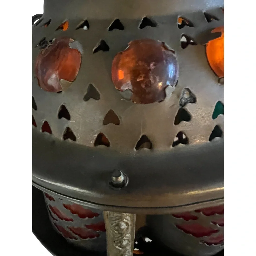 Vintage Moroccan Brass Jeweled Lantern Hanging Swag Lamp Colorful Glass Cabochon